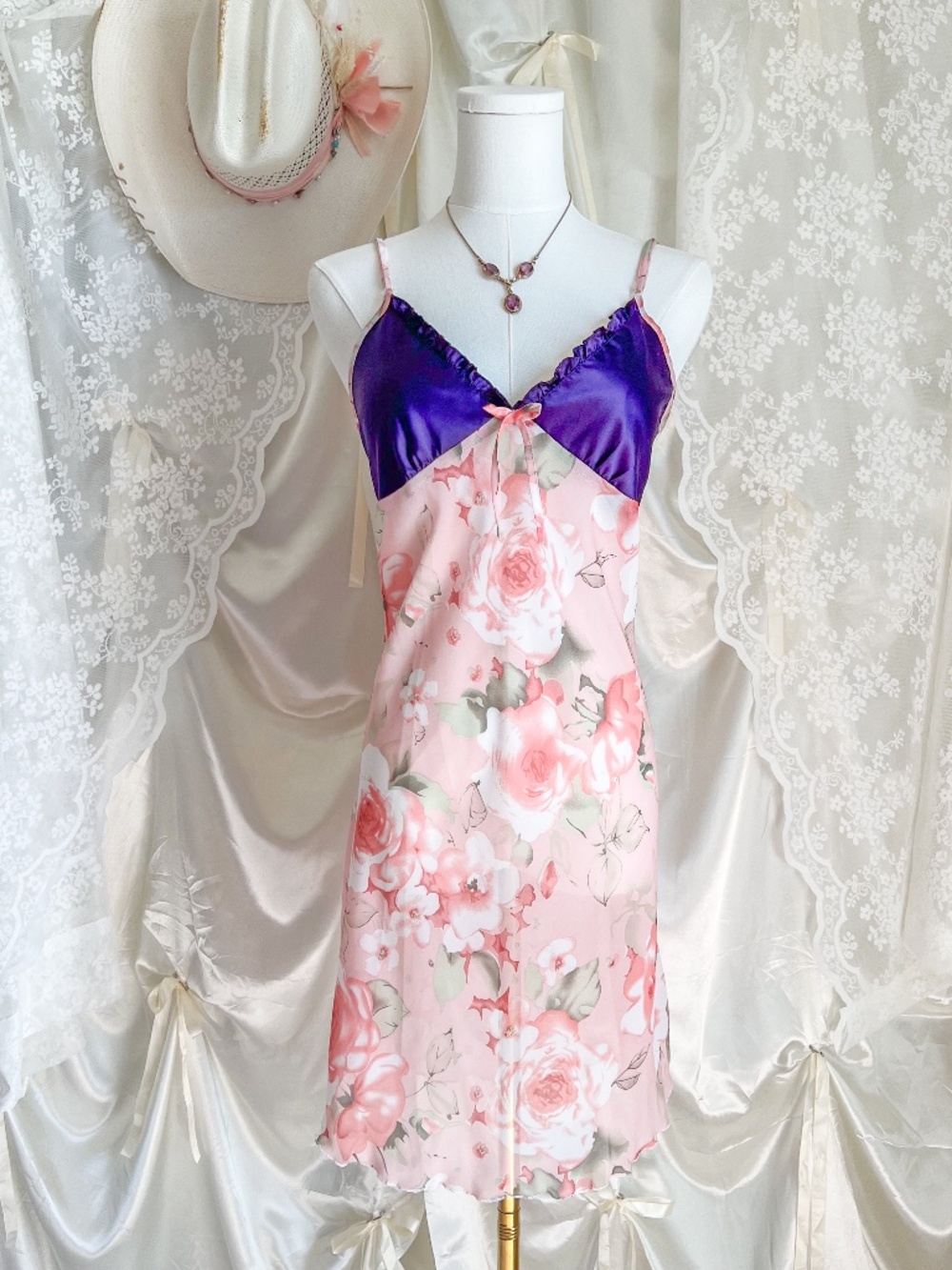 Purple Bust Floral  Satin Slip Dress